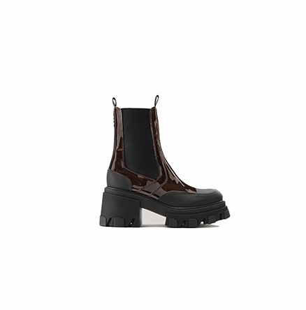 Patent Brown Black Chunky Heel Chelsea Boot