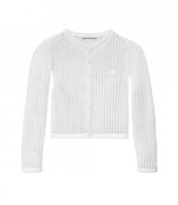 White Knit Cropped Crew Neck Cardigan Embrodered Logo