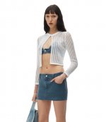 White Knit Cropped Crew Neck Cardigan Embrodered Logo