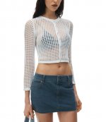 White Knit Cropped Crew Neck Cardigan Embrodered Logo