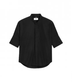 Mao Collar Oversize Black Cotton Poplin Shirt