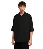 Mao Collar Oversize Black Cotton Poplin Shirt
