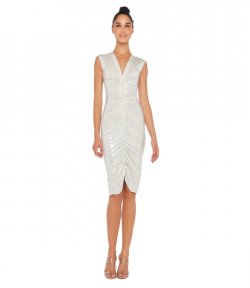 Strapless Sleevless Deep V Neck Shired Frontl Pearl Dress to knee