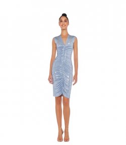 Sleeveless Deep V Neck Shirred Front Misty Blue Dress T Knee