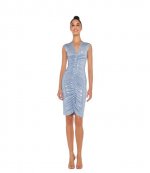 Sleeveless Deep V Neck Shirred Front Misty Blue Dress T Knee