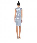 Sleeveless Deep V Neck Shirred Front Misty Blue Dress T Knee
