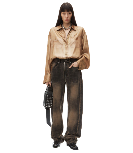 Distressed Brown Overdye Ballon Jean Moto Front To Back Zip
