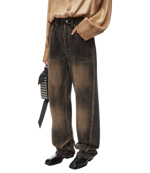 Distressed Brown Overdye Ballon Jean Moto Front To Back Zip