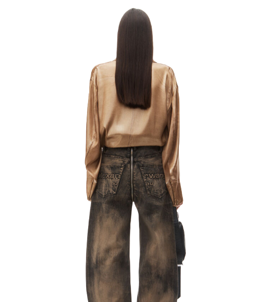 Distressed Brown Overdye Ballon Jean Moto Front To Back Zip