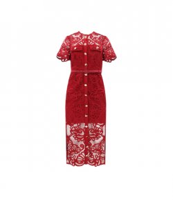 Red Guipure Lace Button Midi Dress