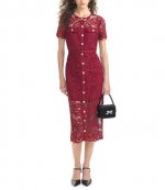 Red Guipure Lace Button Midi Dress