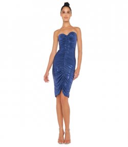 Strapless Shirred Front Military Blue Dress To Knee