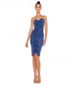 Strapless Shirred Front Military Blue Dress To Knee