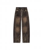 Distressed Brown Overdye Ballon Jean Moto Front To Back Zip