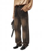 Distressed Brown Overdye Ballon Jean Moto Front To Back Zip