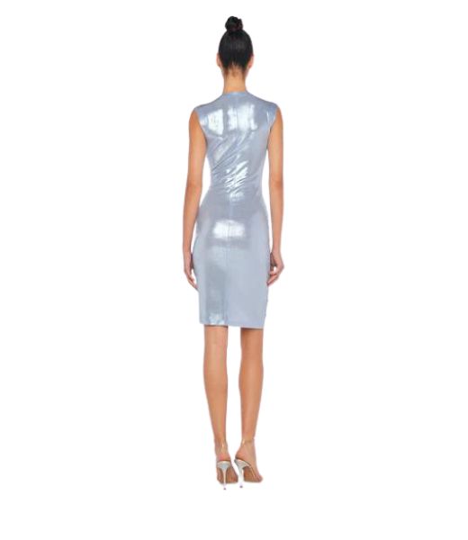 Sleeveless Deep V Neck Shirred Front Misty Blue Dress T Knee