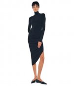 Black Longsleeve Turtleneck Side Drape Dress To Midcalf