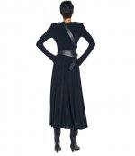 Black Ls Shoulder Pad V Neck Flared Dress to Midcalf