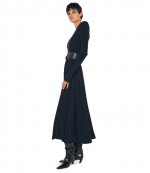 Black Ls Shoulder Pad V Neck Flared Dress to Midcalf