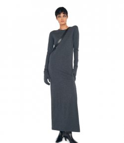 Dark Heather Grey Long Sleeve Tailored Dress to Ankle W Side Slit