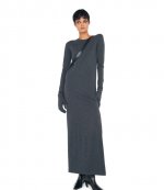 Dark Heather Grey Long Sleeve Tailored Dress to Ankle W Side Slit