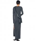 Dark Heather Grey Long Sleeve Tailored Dress to Ankle W Side Slit