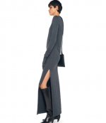 Dark Heather Grey Long Sleeve Tailored Dress to Ankle W Side Slit