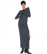 Dark Heather Grey Long Sleeve Tailored Dress to Ankle W Side Slit