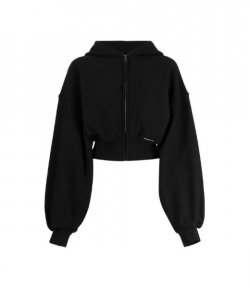 Faded Black Cropped Zip Up Hoodie With Branded Seam Label