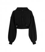 Faded Black Cropped Zip Up Hoodie With Branded Seam Label