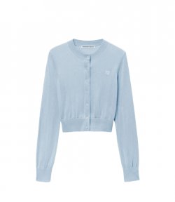 Cropped Crew Neck Ariel Blue Cardigan With Embrodered Logo