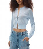 Cropped Crew Neck Ariel Blue Cardigan With Embrodered Logo