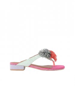Pom Pom T-Bar Multicolour Suede Flat Sandals