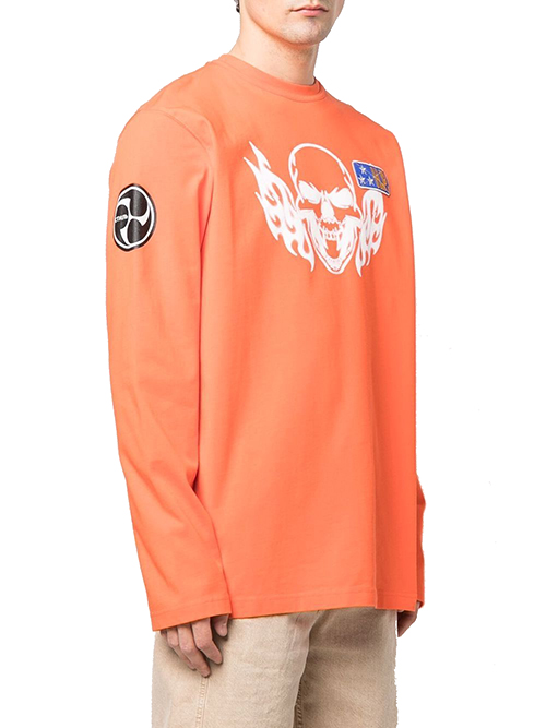 Orange White T-Shirt OS Flaming Skull