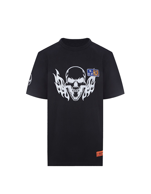 Black White T-Shirt Reg Flaming Skull