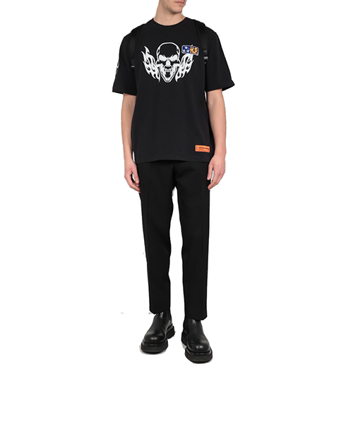 Black White T-Shirt Reg Flaming Skull
