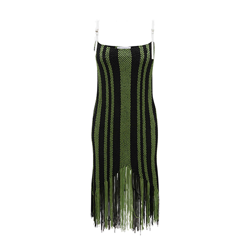 Fringe Detail Black Green Camisole Dress