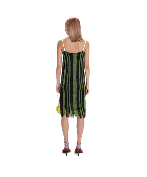 Fringe Detail Black Green Camisole Dress