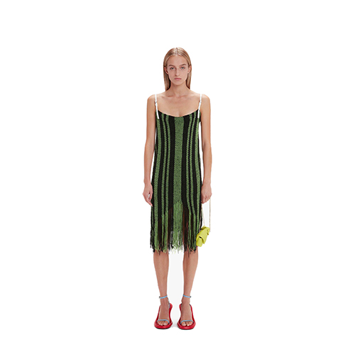 Fringe Detail Black Green Camisole Dress