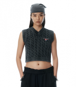 Washed Black V-Neck Vest With Wang Sport Embrodery