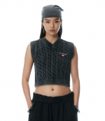Washed Black V-Neck Vest With Wang Sport Embrodery