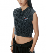 Washed Black V-Neck Vest With Wang Sport Embrodery