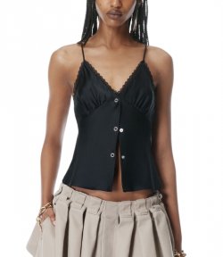 Black Snap Front Cami W/Lace Trim