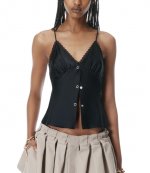 Black Snap Front Cami W/Lace Trim
