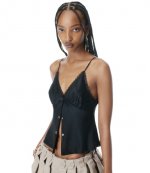 Black Snap Front Cami W/Lace Trim