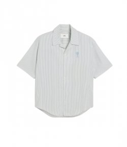 White/Blue Cotton Camp Collar Short Sleeves Shirt