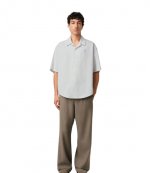 White/Blue Cotton Camp Collar Short Sleeves Shirt