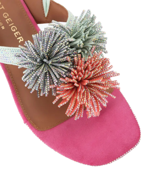 Pom Pom T-Bar Multicolour Suede Flat Sandals
