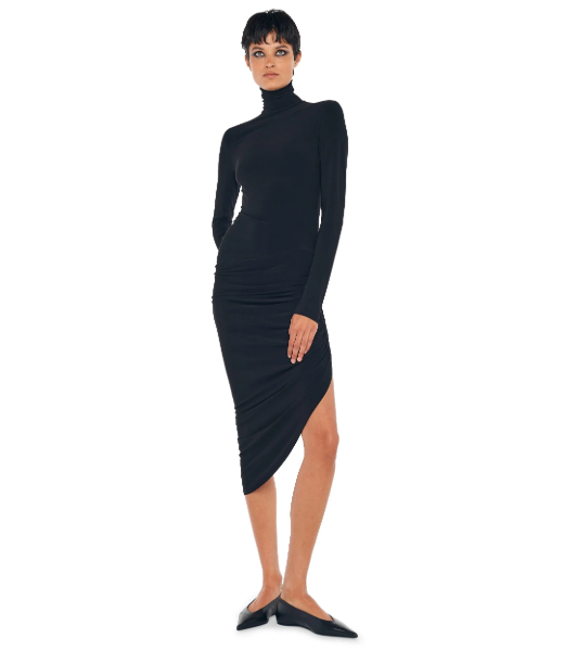 Black Longsleeve Turtleneck Side Drape Dress To Midcalf