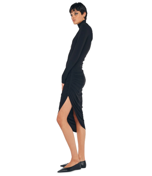 Black Longsleeve Turtleneck Side Drape Dress To Midcalf